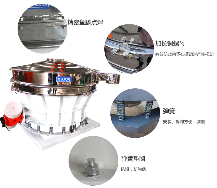 1500直排篩細節展示：彈簧，彈簧墊圈，加長銅螺母。