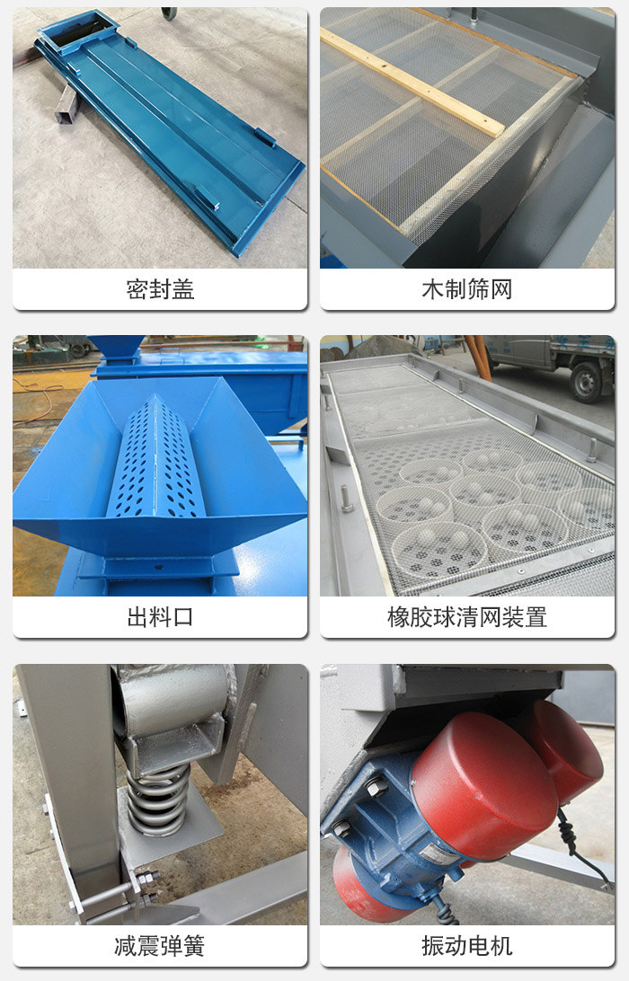 直線篩分機的結(jié)構(gòu)展示圖：篩箱是物料主要篩分設(shè)備之一，篩網(wǎng)用于篩分物料，振動電機幫助篩網(wǎng)篩分。