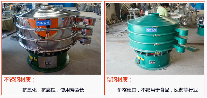 800型振動篩有不銹鋼和碳鋼兩種材質(zhì)，不銹鋼材質(zhì)：抗氧化，抗腐蝕，使用壽命長 碳鋼材質(zhì)：價格便宜，不易篩分食品，化工，醫(yī)藥等行業(yè)的物料。
