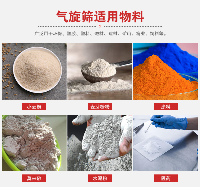 氣旋篩適用物料：小麥粉，麥芽糖粉，涂料，等粉狀物料。